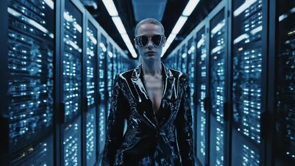 Woman striding through neon-lit server room. Futuristic tech executive in cyber data center. Digital innovation and advertising concept for technology promotion.