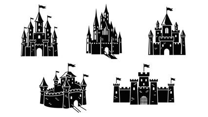 Obraz premium Detailed silhouette illustration showcasing five unique and majestic fairytale castles