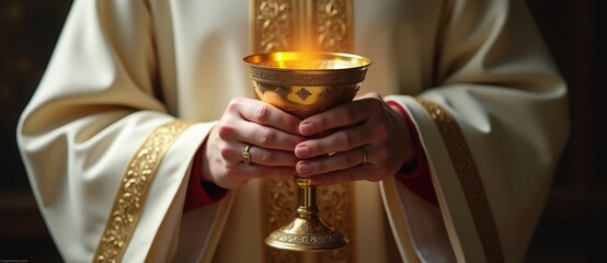 Priest holding a golden chalice during holy communion. Close-up of the sacrament of the Eucharist in a Catholic mass. Christian faith and worship ceremony