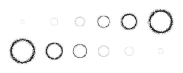 Sequential animation of dotted grainy rings. Set of vector gritty circles with black stipple texture effect for frame animation of explode or magic effect. Circles with gritty pattern.