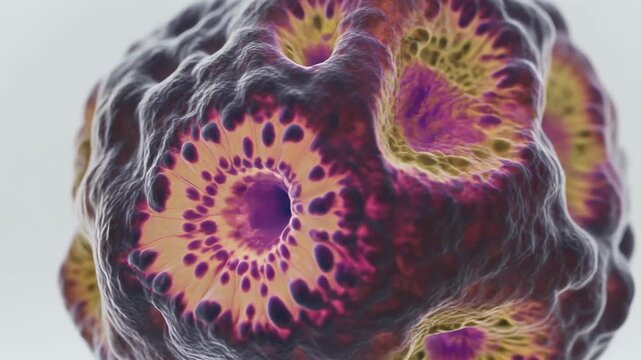 Abstract cellular structure animation with intricate patterns and vibrant colors morphing and pulsating in a dynamic scientific visualization representing biological processes 