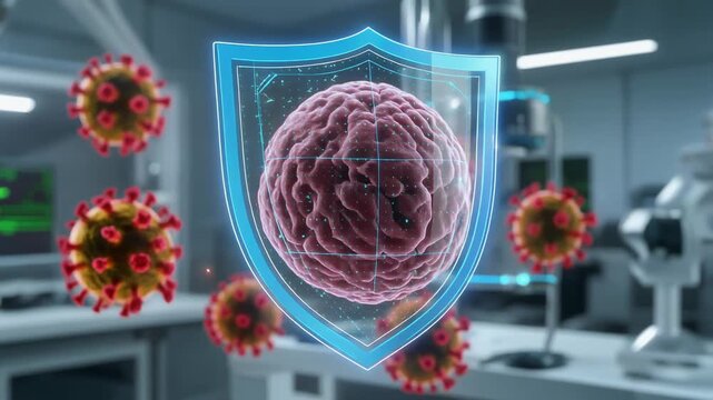 Human brain protected by a glowing futuristic shield from surrounding coronavirus particles in a high-tech laboratory setting illustrating health and medical defense