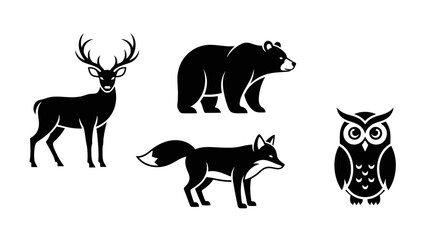 Fototapeta premium Elegant animal icons featuring deer, bear, fox, and owl in a minimalist style black and white design