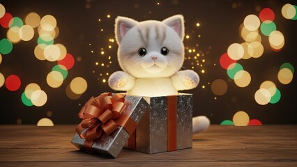 Plush Kitten Peeking Out of a Christmas Gift Box