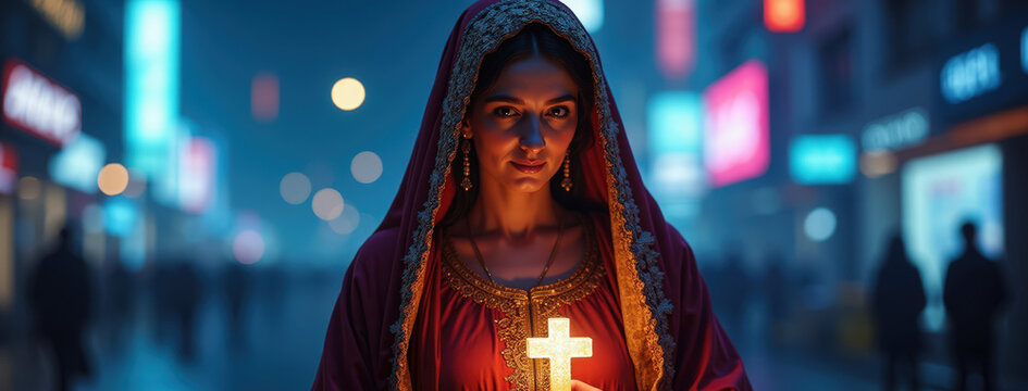 A woman in traditional clothing holding a glowing christian cross at night. Portrait of faith and hope in a modern urban city. Spiritual devotion concept - Powered by Adobe