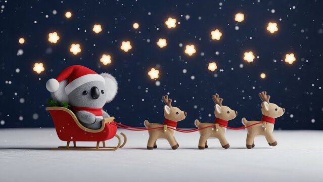 Plush Koala Riding a Tiny Santa Sleigh