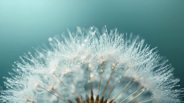 Delicate white dandelion seed head covered in tiny dew droplets glowing softly against a smooth teal backdrop creating a gentle airy botanical scene