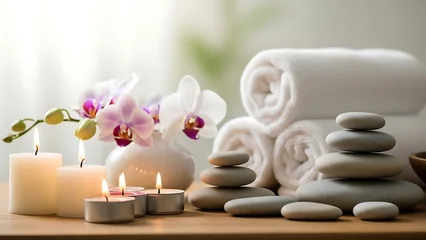 Sierkussen Spa Spa still life with orchid, candles, and stones for massage, aromatherapy, and healthy body relaxation  © Mr
