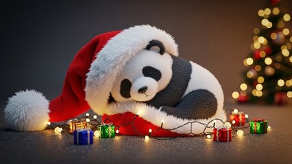 Plush Panda Riding in Santa&rsquo;s Hat