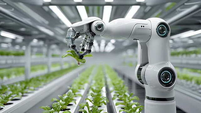 Agricultural Innovation Robot Hand Cultivating a Salad in an Automated Farm System with Technological Precision & Smart Farming Integration