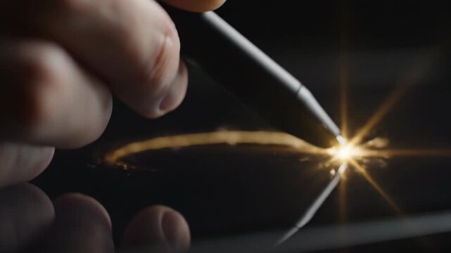 Hand using stylus to draw glowing circle on dark surface. Macro closeup of digital creation process for technology advertising.
