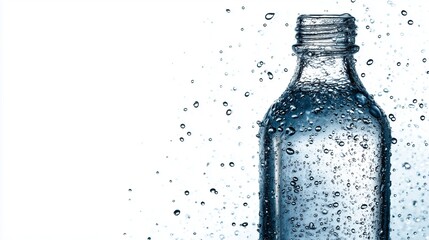A crystal-clear water bottle with droplets, refreshing mood, isolated on bright white