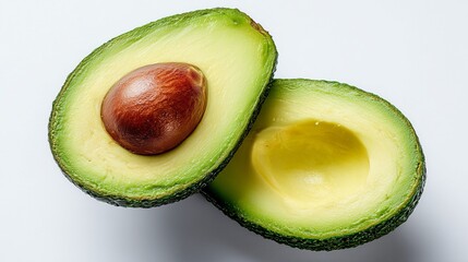 A perfectly sliced avocado with pit exposed, clean white background, rich texture and vibrant green tones