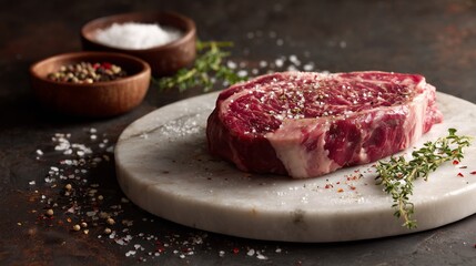 A raw steak with marbling detail and seasonings, butcher-style presentation on white
