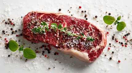 A raw steak with marbling detail and seasonings, butcher-style presentation on white
