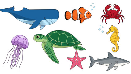 Fototapeta premium Illustrative Collection of Diverse Marine Animals for Educational Resources and Design Projects