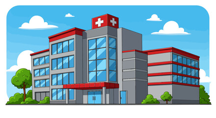 A colorful vector illustration of a modern hospital building with a prominent red cross on the roof, set against a bright blue sky with fluffy clouds.