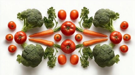 Fresh vegetables--tomato, carrot, broccoli--arranged symmetrically on white background