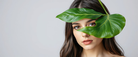 A young woman's face with a green leaf covering one eye. Natural beauty and organic skincare concept. Studio portrait with copy space for text