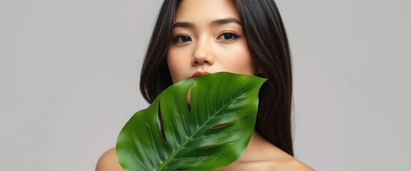 A young Asian woman with perfect skin holding a green monstera leaf. Natural beauty and organic skincare concept with copy space