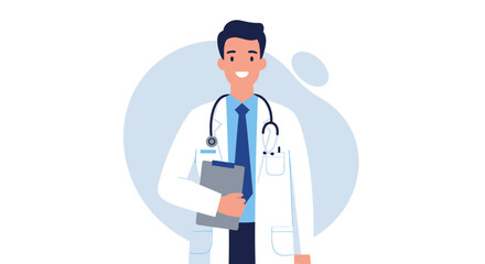 Fototapeta premium A smiling male doctor in a white coat with a stethoscope around his neck, holding a clipboard, presented in a clean, vector illustration style, ideal for healthcare and medical concepts.