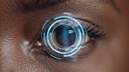 Womans eye in extreme closeup with emerging holographic data overlays. Augmented reality interface on iris. Digital technology integration for advertising visualization and future tech concepts. - Powered by Adobe