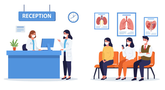 A brightly illustrated vector image depicts a hospital reception area with a doctor, patients, and waiting room, conveying a sense of modern healthcare and medical service.