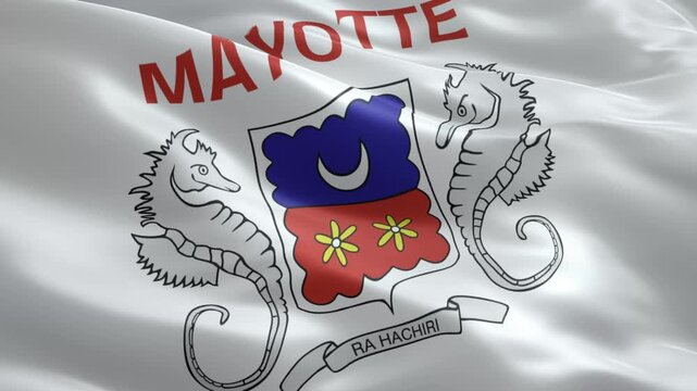 Waving flag of Mayotte showing its coat of arms with seahorses and crescent moon, ideal for travel, culture, or patriotic themes in motion graphics