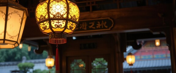 Ornate traditional Chinese lantern glowing at night. Festive Asian decoration for a cultural celebration. Close-up of a warm yellow light in a dark, atmospheric setting