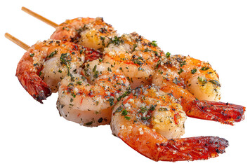delicious grilled shrimps on skewer with herbs isolated on transparent background