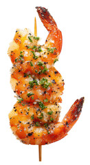 delicious grilled shrimps on skewer with herbs isolated on transparent background