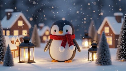 Plush Penguin in a Snowy Christmas Village