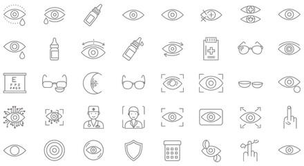 A versatile set of minimalist line art vector icons illustrating essential concepts of eye care, ophthalmology, and vision health for digital designs.