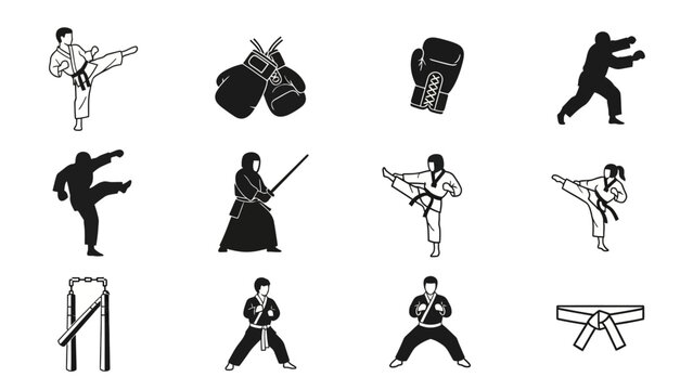 Monochrome martial arts icons depicting karate, kendo, taekwondo and combat sports