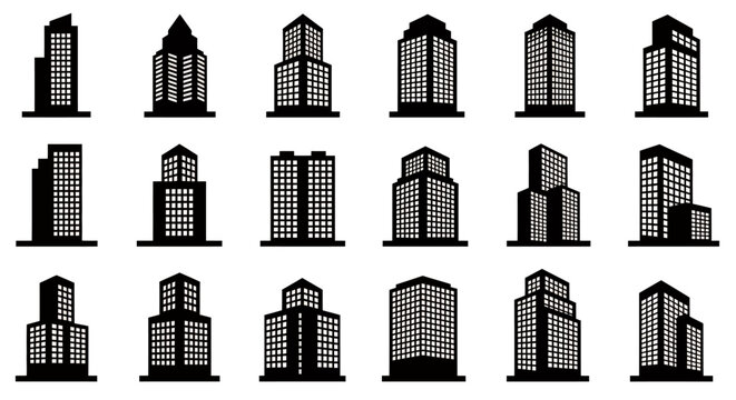 A diverse collection of modern architectural building silhouettes, including potential hospital structures, presented as scalable vector icons for design projects.