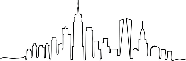 Black outline of a city skyline with varied buildings