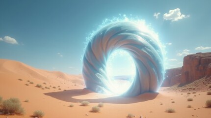A surreal desert landscape with a glowing portal and distant mesas under a clear blue sky view