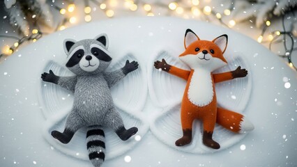 Plush Raccoon and Fox Making Snow Angels