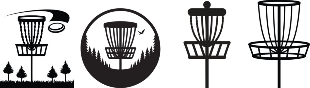 Disc Golf Basket Target Icons Set, Outdoor Frisbee Sport Silhouette Vector Collection