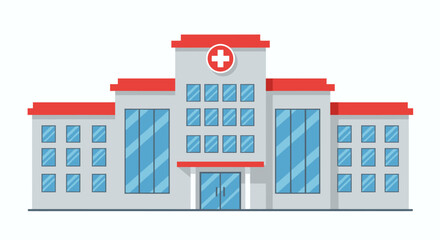 A modern hospital building with a prominent red cross symbol is depicted in a clean, flat vector illustration style, representing healthcare and medical services.