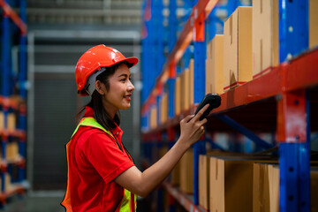 A woman in a red shirt and yellow vest is standing in a warehouse