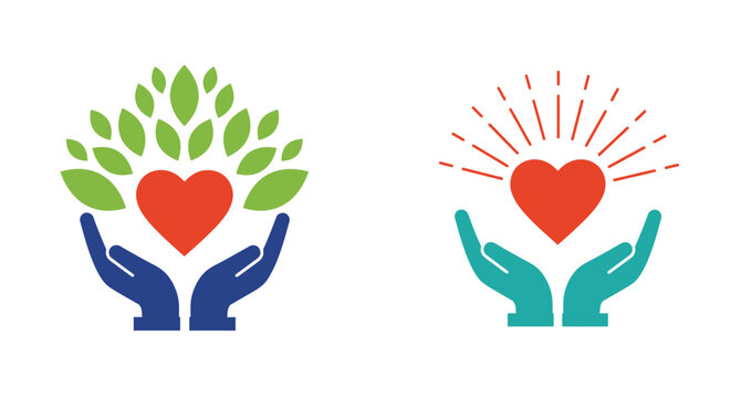 Two vibrant vector illustrations depict caring hands gently cradling a heart, symbolizing health, love, and compassionate support for well-being.