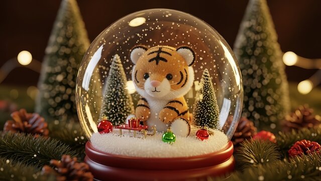 Plush Tiger in a Magical Christmas Snow Globe