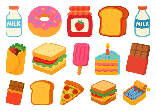 PNG Colorful cartoon breakfast foods, element set on transparent background