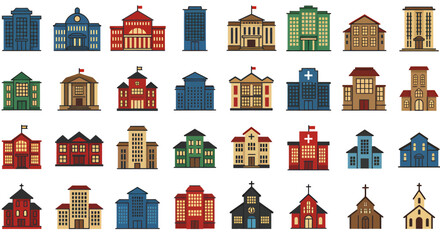 A comprehensive collection of diverse flat design vector building icons, including hospitals, schools, and offices, perfect for web and app development.