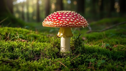 Amanita muscaria mushroom growing in a mossy forest floor