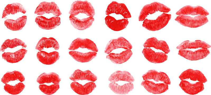 Set of red lipstick kiss marks in various shapes and textures. Realistic lip prints perfect for Valentine’s Day designs, romance themes, stickers and decorative elements - Powered by Adobe