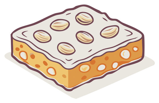 Sweet traditional almond nougat bar or turron dessert slice. Cartoon vector food illustration.