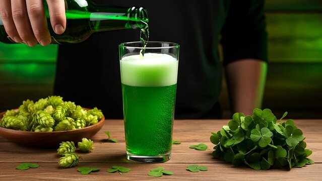 Pouring green beer for St. Patrick's Day with clover leaves on the table
