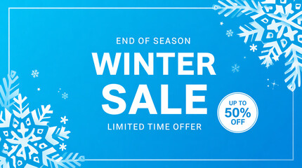 Modern Winter Sale Banner with Snowflakes and 50% Off Badge on Blue Background

